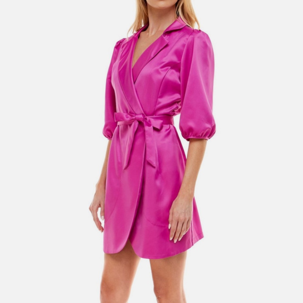 Xtraordinay Pink Pouf Sleeve Blazer Wrap Dress